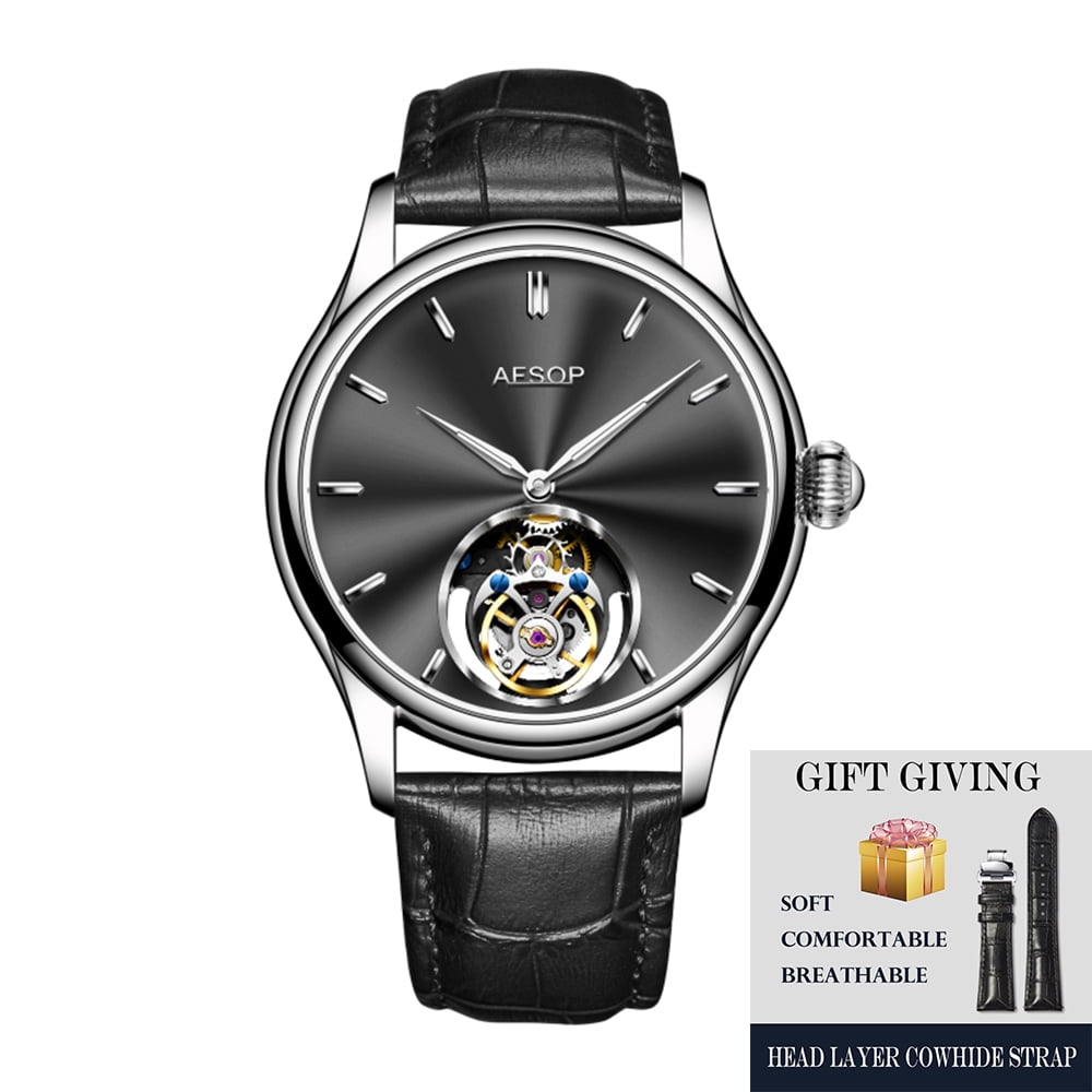 2025 AESOP 100% Tourbillon Mechanical Watch For Men Silver Steel Belt BUSINESS Fashion Mens Watches Manual Mechanical Waterproof