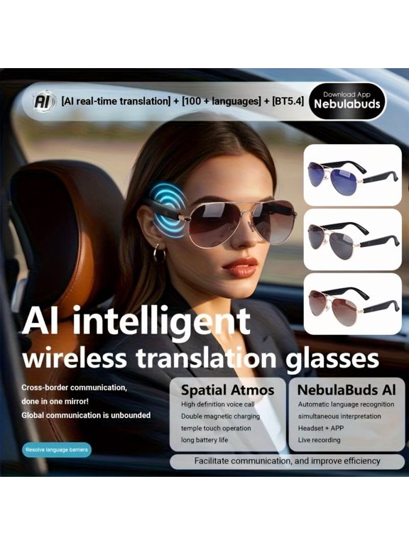 2025 AI Translation Glasses (MZ01 Gradient Multicolor), Real-Time Multi-Language Translation, Wireless, Built-in Mic/Speaker, AI Voice Control, Light Protection, Magnetic Charging