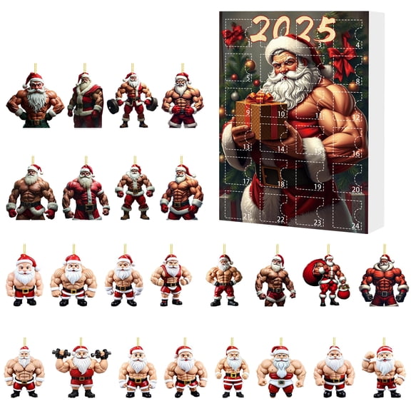 2025 Advent Calendar with 24 Days Countdown Figurines 2D Santa Claus Bodybuilder Theme Holiday Gift for Home Office Decor