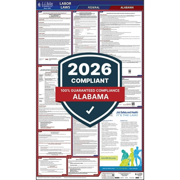 2025 Alabama Labor Law Poster, All-in-One OSHA Compliant AL State & Federal Laminated Poster (24" x 40" English)
