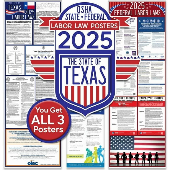 2025 All-in-One Labor Law Poster Pack of 1Texas State Federal OSHA Compliant Workplace Posters Laminated Employee Rights Minimum Wage Sign HR Office Compliance Bulletin Board Business Regulation Set