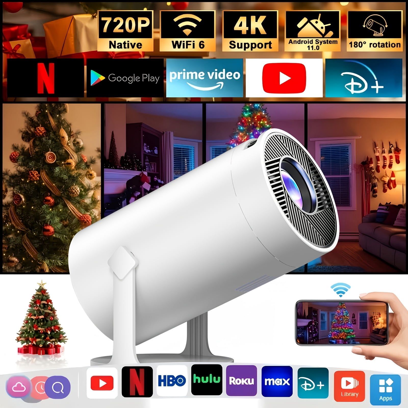 2025 Android 11 Smart Projector: 4K Decode Native 1080P, WiFi 6 & BT 5.2, Auto Keystone, Portable Home Theater Mini LED Movie Projector
