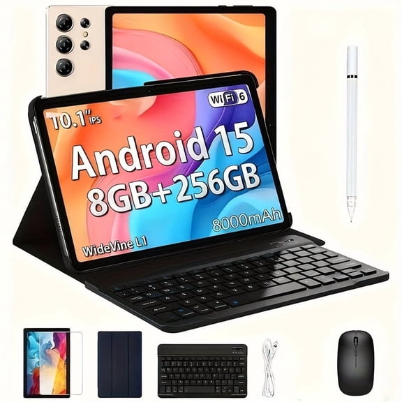 2025 Android 15 10.1" 2-in-1 Tablet - 8GB RAM 256GB ROM, 8000mAh, 1080P 1280x800 IPS, 5MP+16MP, 5G WiFi, Owl No-Electric Stylus, Keyboard/Case