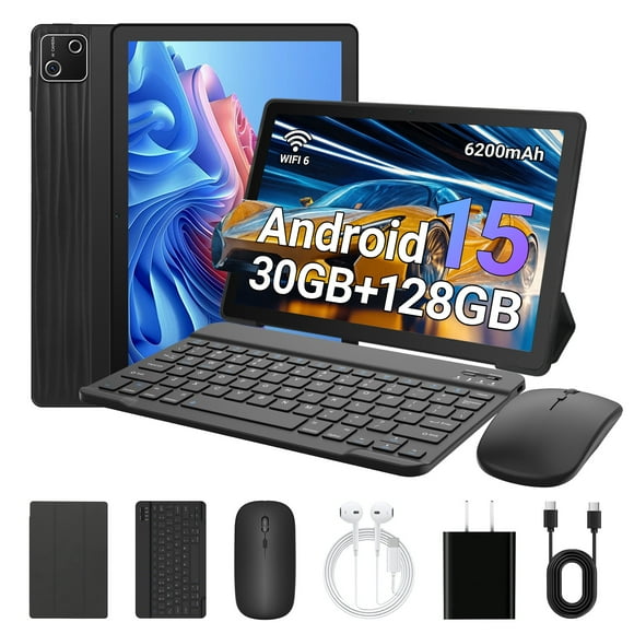 2025 Android 15 Tablet with Keyboard, 30GB(7+23)RAM+128GB Storage(Expand to 1TB), 6200mAh Battery, Widevine L1, 10 Inch 2-in-1 Tablets with WiFi 6, BT5.0, Mouse, Case, Stylus(Black)