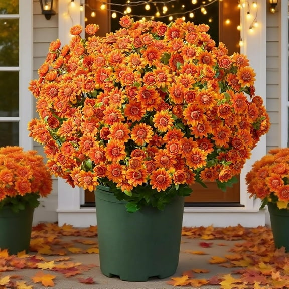 2025 Artificial Mums, Luminous Artificial Flowers for Outdoors, Artificial Outdoor Sunset Mums Flowers - UV Resistant, Waterproof, Windproof, Fall Faux Flower Decor, No Fade (Orange,5 Bundles)