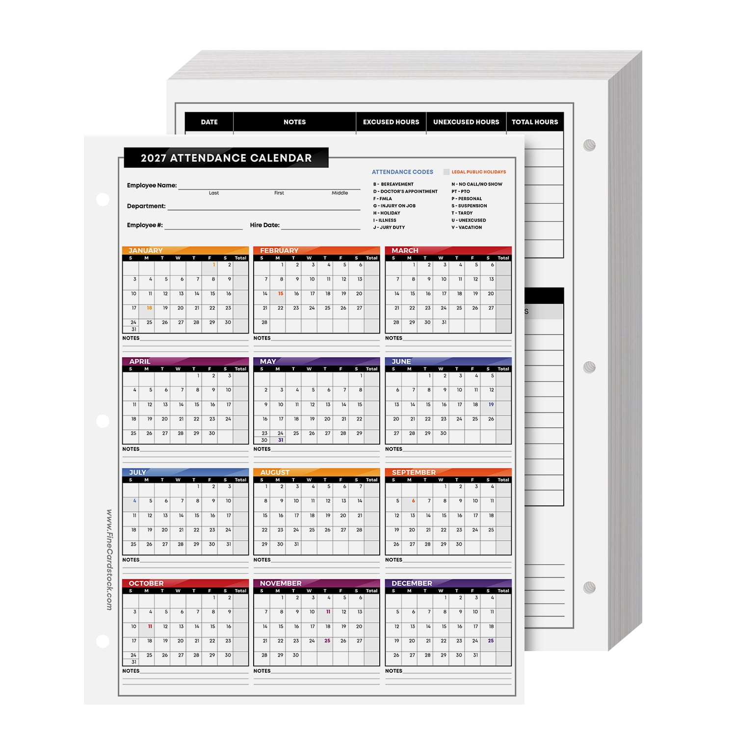 2027 Attendance Calendar Card Stock Paper – Great Employee Work Tracker | Bright & Colorful, Printed on Durable & Thick 80lb Cover (216gsm) Cardstock | 3 Hole Punched | 8.5 x 11" | 25 Sheets per Pack