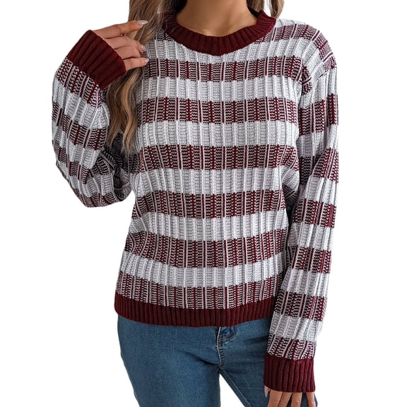 2025 Autumn And Winter Round Neck Retro Striped Long Sleeved Pullover Sweater Women's Clothing