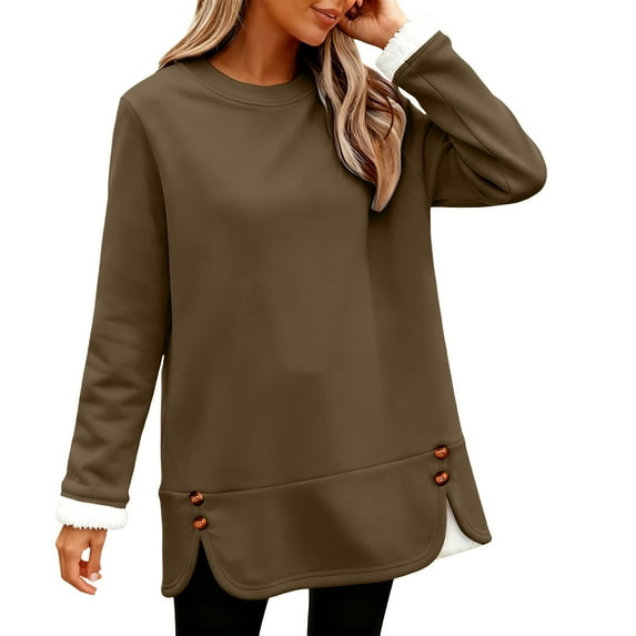 2026 Autumn Hoodie Coffee Hoodie Long Sleeves Round Neck Cotton Cardigan Solid Color Soft Sweater College Hoodie(M)