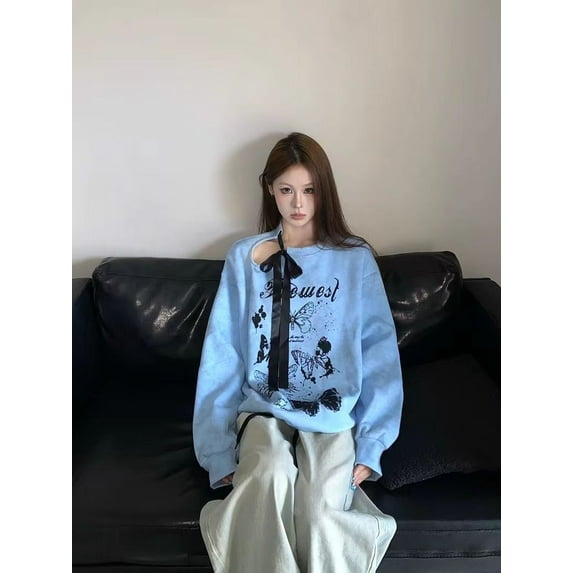 2025 Autumn New Sweet Cool Off-the-shoulder Bowknot Design Pullover Sweatshirt Women's Long-sleeved Top