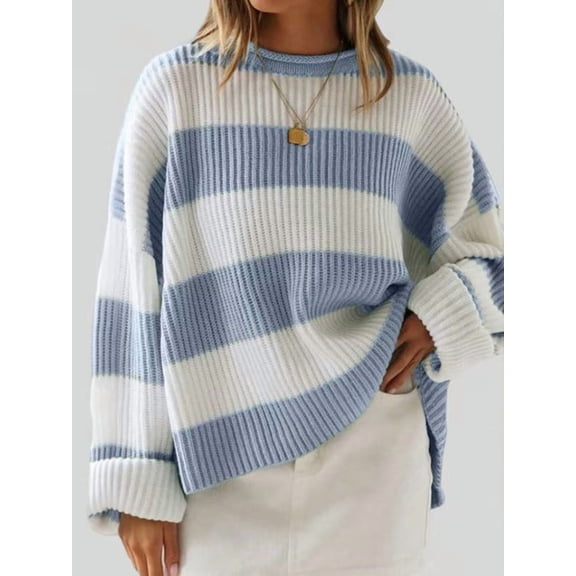 2025 Autumn Winter Round Neck Long Sleeve Striped Knit Sweater Women'S Loose Fit Flared Sleeve Jumper