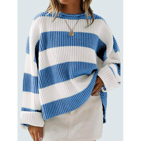 2025 Autumn Winter Round Neck Long Sleeve Striped Knit Sweater Women'S Loose Fit Flared Sleeve Jumper