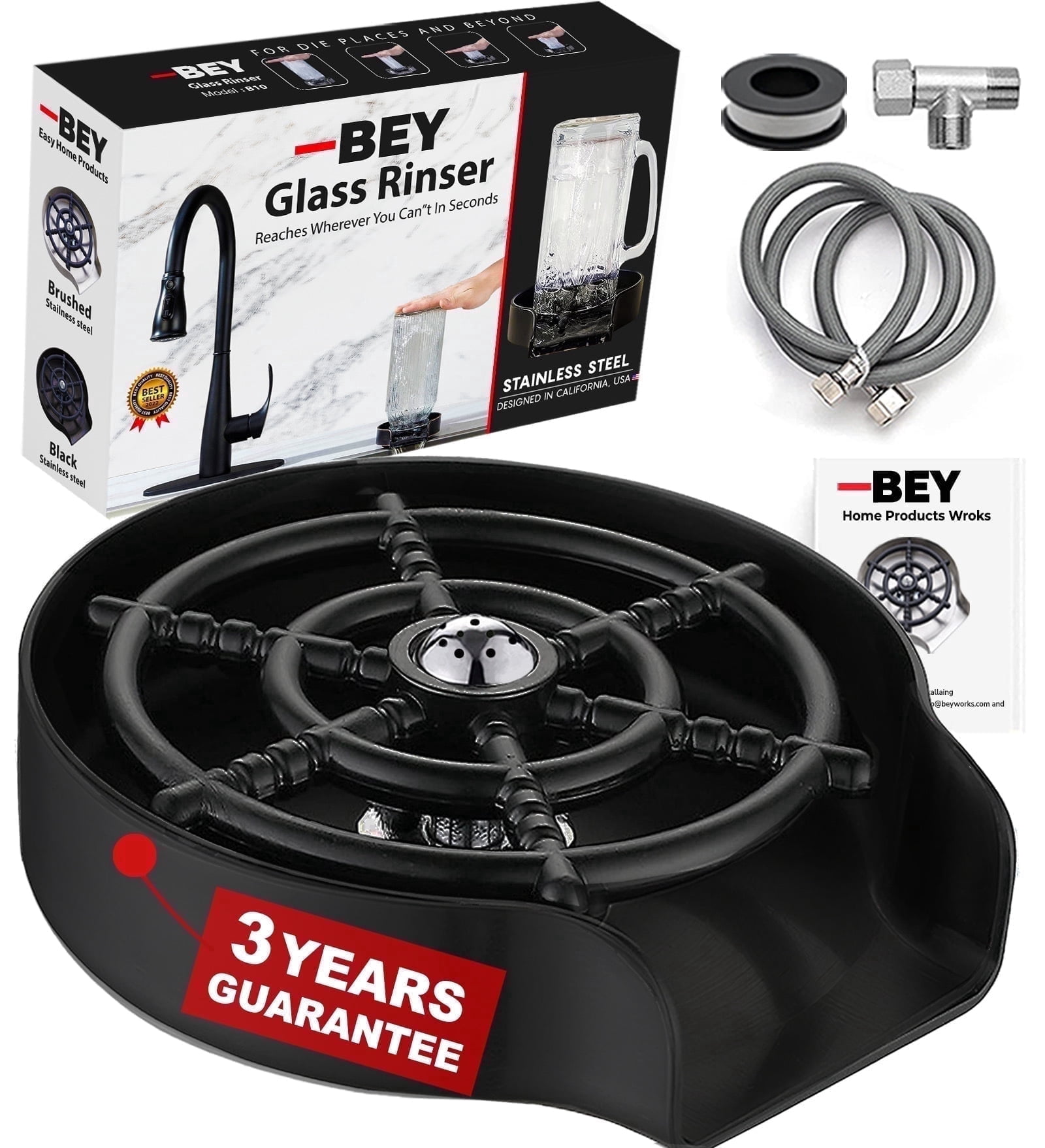 2025 BEY Automatic Glass Rinser - Powerful Cup Washer for Kitchen Sink, Stainless Steel Baby Bottle Cleaner Sinks Attachment, Bar Accessories Spray Metal