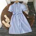 thumbnail image 1 of 2025 Baby Girl's Vertical Stripe Dress Summer Short Puff Sleeve Dresses Ruffle Trim Single Breasted Sundresses, 1 of 7