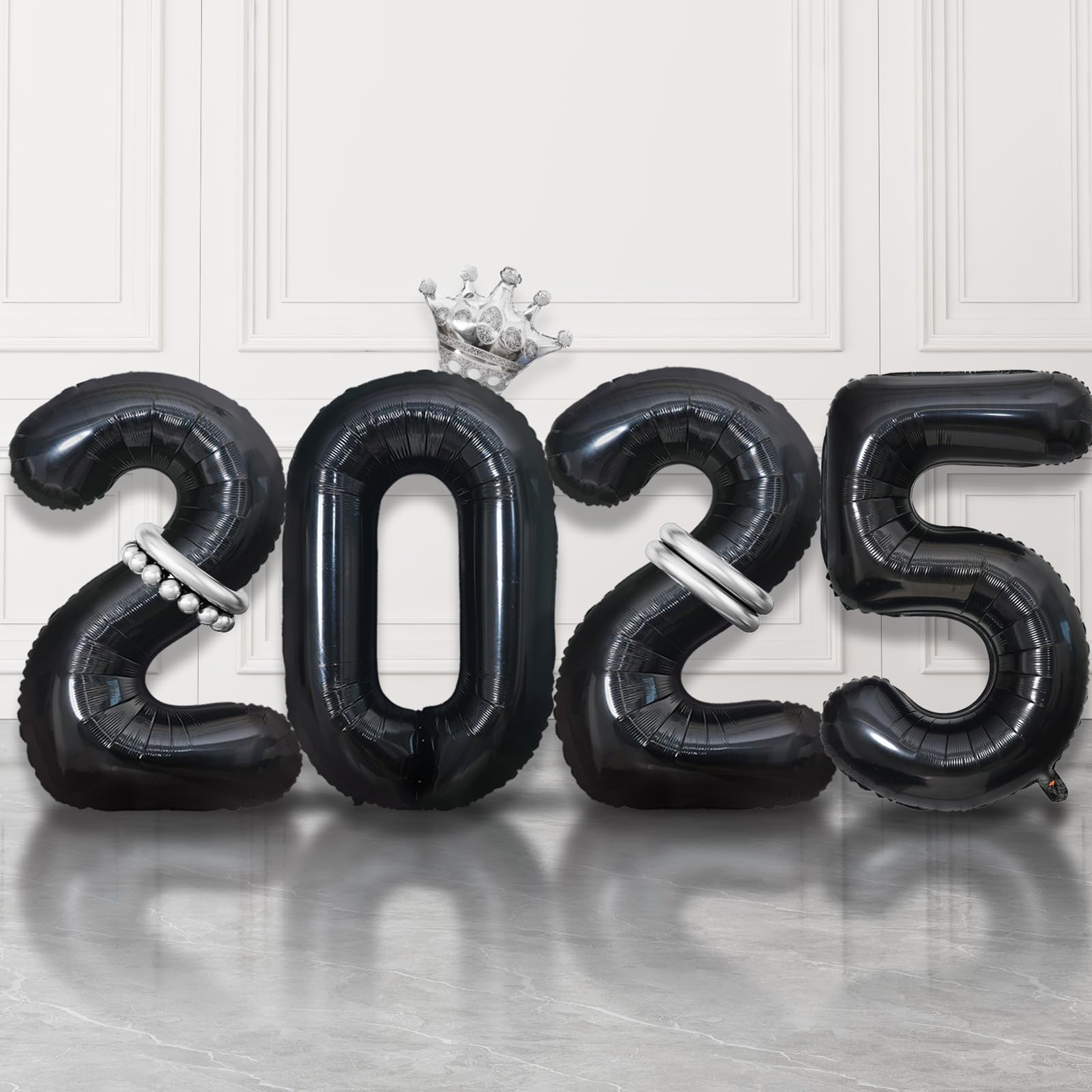 2025 Balloons Black,40 Inch 2025 Number Balloons with Foil Crown
