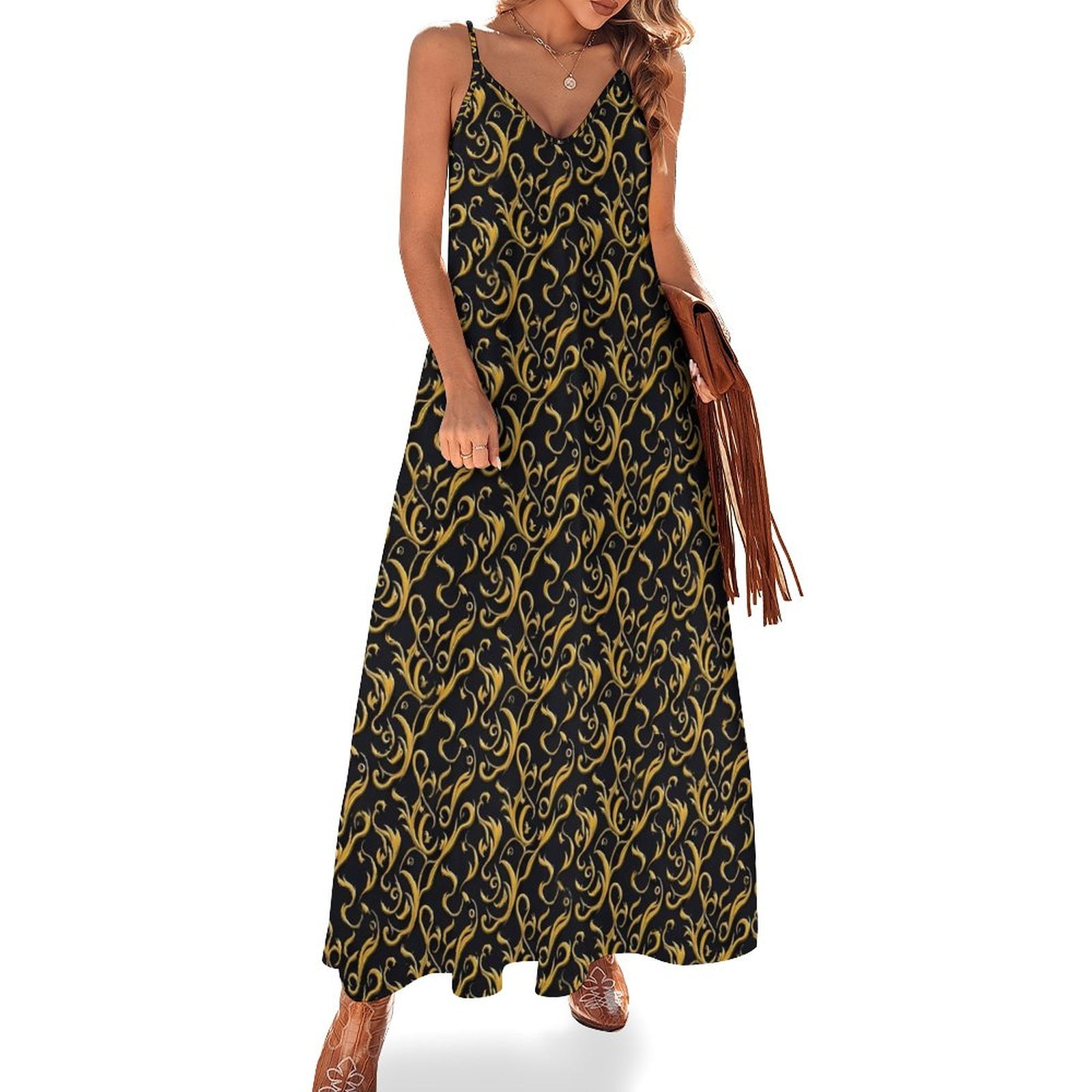 2025 Baroque Leaf Dress Gold Floral Elegant Maxi Dress V Neck Boho ...