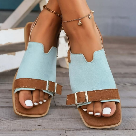 2025 Beach Summer Sandals Clearance, Xunlbb Summer New Plus-size One-line Buckle Matching Color To Wear Beach Sandals(Blue,Szie:36)