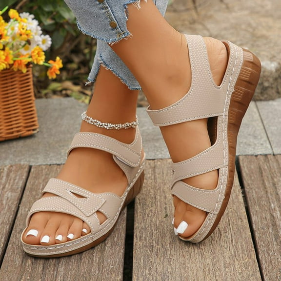 2025 Beach Summer Sandals Clearance, Xunlbb Women's Fashion Casual Summer New Hollow Wedge Heel Beach Thick-Soled Sandals(Beige,Szie:42)