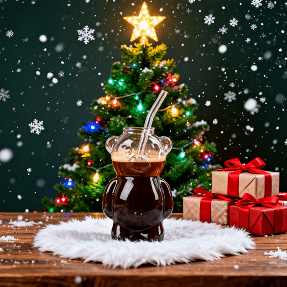 2025 Bear Glass Cold Cup, 11oz with Straw, Holiday Bear Design, Perfect for Iced Coffee, Cold Brews, Cocktails, and Ideal Gift for Christmas Drinkware Collectors,(1 Bear Cup with Straw)