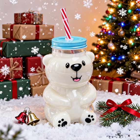 2025 Bear Glass Cold Cup, 18.6oz Bear-Shaped Cup, Ideal for Holiday Iced Drinks, Cocktails, Cold Brew, and Perfect Christmas Gift for Drinkware Lovers,(1 Bear Cup with Straw)