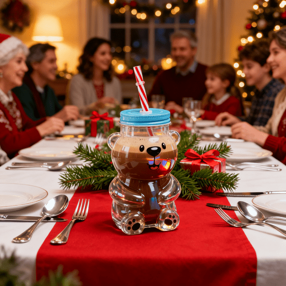 2025 Bear Glass Cold Cup, 18.6oz with Straw, Ideal for Iced Coffees, Cold Brew, Cocktails, and Christmas Gifts,(1 Bear Cup with Straw)