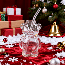2025 Bear-Shaped 11oz Glass Cold Cup, Perfect for Iced Drinks, Cocktails, Cold Brews, and Holiday Celebrations, Ideal Christmas Gift for Drinkware Enthusiasts,(1 Bear Cup with Straw)