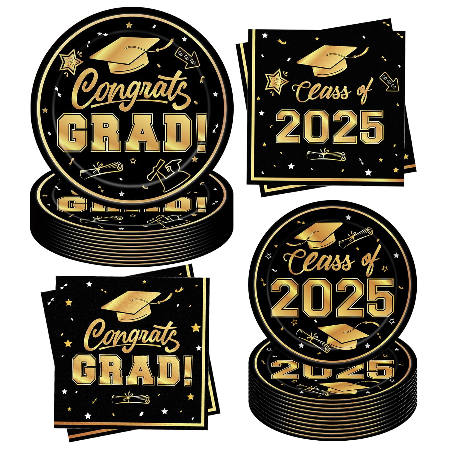 2025 Black and Gold Graduation Party Supplies Tableware Set Include ...