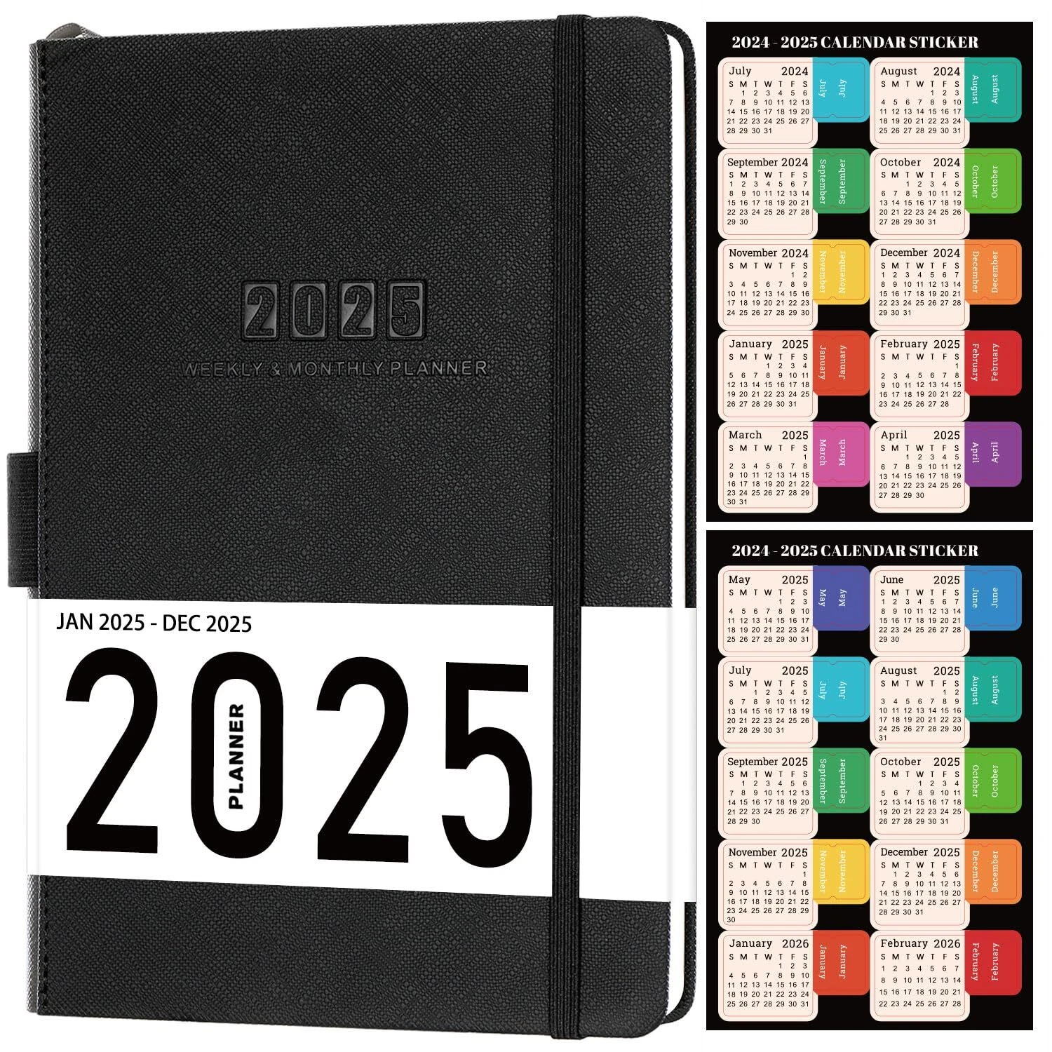 2025 Black Planner 5X8 Weekly Monthly Pages Calendar Stickers Inner Pocket