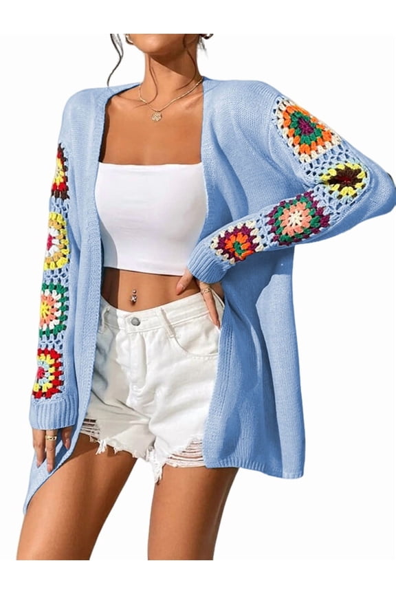 2025 Boho Floral Pattern Crochet Open Front Long Sleeve Casual Knit Cardigan Sweater  Blue M