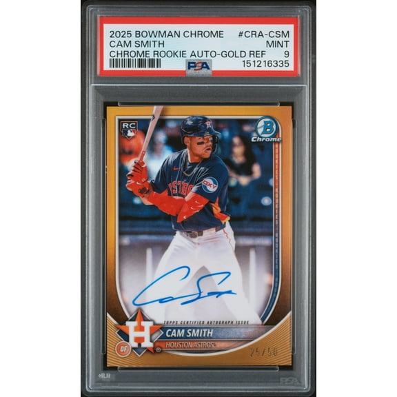 Graded 2025 Bowman Chrome Rookie Autographs Cam Smith Gold Ref /50 PSA 9 Baseball Card