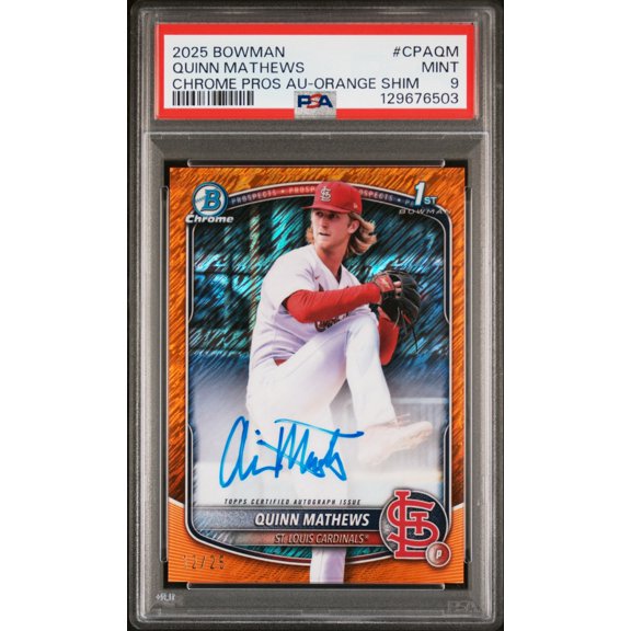 2025 Bowman Chrome Prospect Autographs Quinn Mathews #CPAQM Orange Shim /25 PSA 9