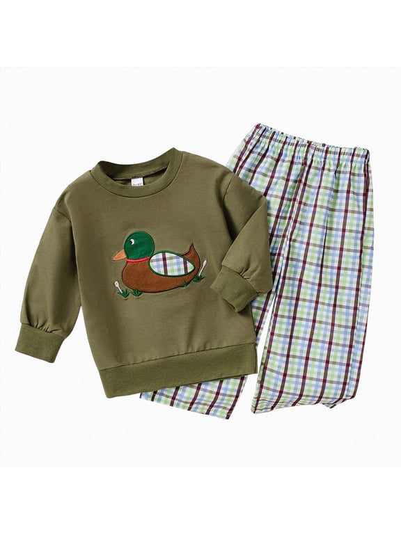 2025 Boys Long Sleeved Duck Embroidered Top Checkered Pants Babys Casual Two Piece Set