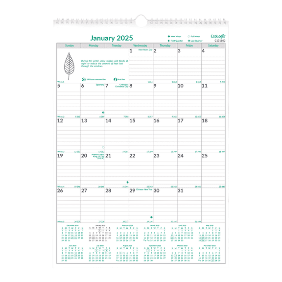 2025 Brownline EcoLogix Monthly Wall Calendar, 12" x 17", 100% Recycled, Green/White, January To December, C171103