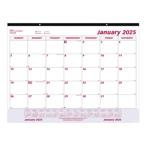2025 Brownline Monthly Desk Pad Calendar, With Vinyl Strip, 22" x 17", Burgundy/White, January to December, C1731V