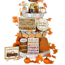 2025 & CISIL - Owis Fall Tiered Tray Decorations Set For Thanksgiving, Pumpkin Truck Wooden Tabletop Decor