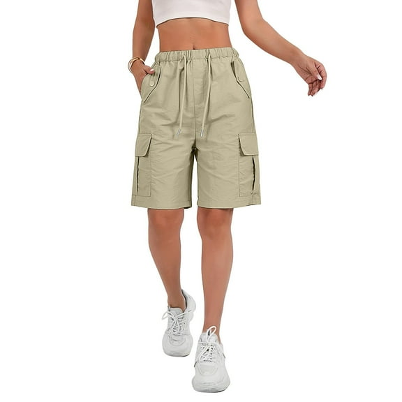 2025 Cargo Shorts Women Bermuda Shorts Summer Quick Dry High Waisted Long Shorts Drawstring Knee Length Plus Size Ladies Hiking Shorts with Pockets Beige S 7" Inseam