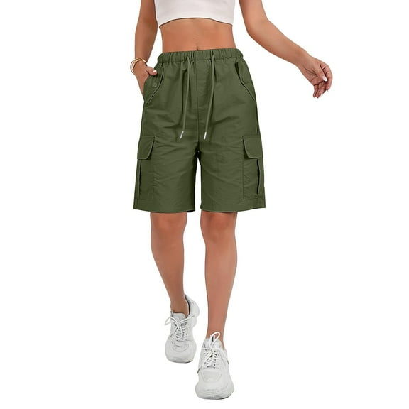2025 Cargo Shorts Women Bermuda Shorts Summer Quick Dry High Waisted Long Shorts Drawstring Knee Length Plus Size Ladies Hiking Shorts with Pockets Dark Green L 8" Inseam