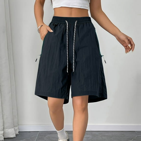 2025 Cargo Shorts Women Bermuda Shorts Summer Quick Dry High Waisted Long Shorts Drawstring Knee Length Plus Size Ladies Petite Hiking Shorts with Pockets 7 Inch Inseam