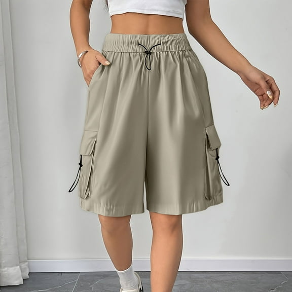 2025 Cargo Shorts Women Bermuda Shorts Summer Quick Dry High Waisted Long Shorts Drawstring Knee Length Plus Size Ladies Petite Hiking Shorts with Pockets 8 Inch Inseam