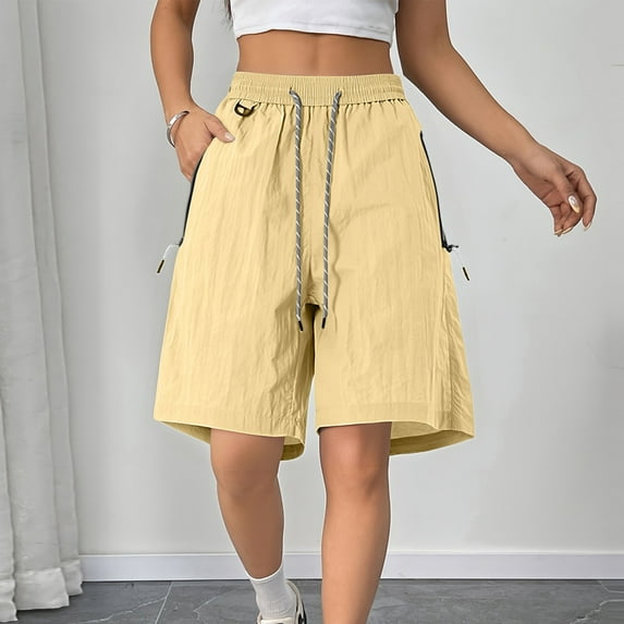2025 Cargo Shorts Women Bermuda Shorts Summer Quick Dry High Waisted Long Shorts Drawstring Knee Length Plus Size Ladies Petite Hiking Shorts with Pockets 7 Inch Inseam