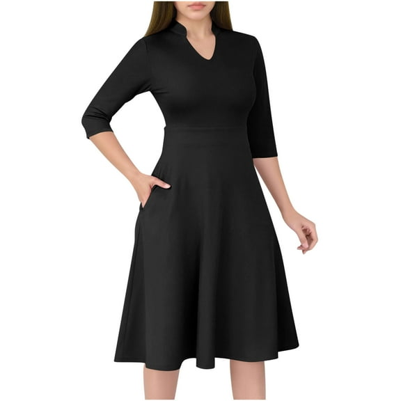 2025 Casual Dresses for Women Semi Formal Flare Dress 3/4 Sleeve V Neck A-line Church Work Dress with Pockets