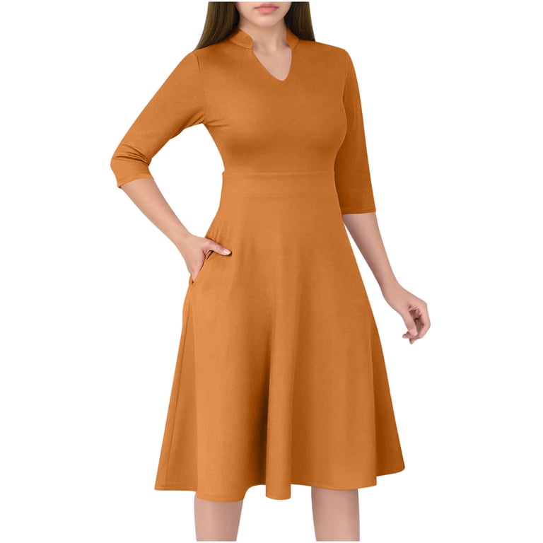 2025 Casual Dresses for Women Semi Formal Flare Dress 3/4 Sleeve V Neck  A-line Church Work Dress with Pockets - Walmart.com