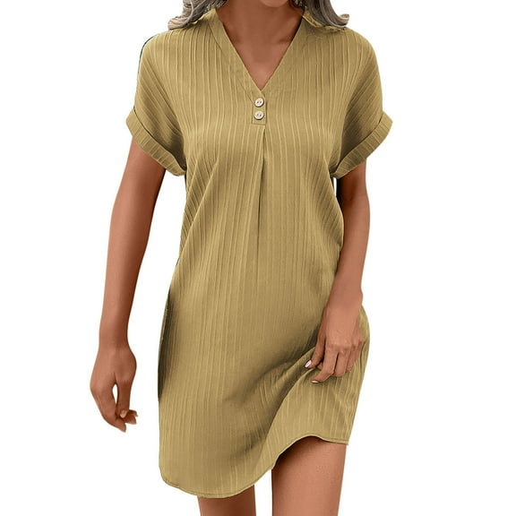 2025 Casual Summer T Shirt Dress for Women Solid Color Short Sleeve V Neck Mini Shift Dresses with Pockets