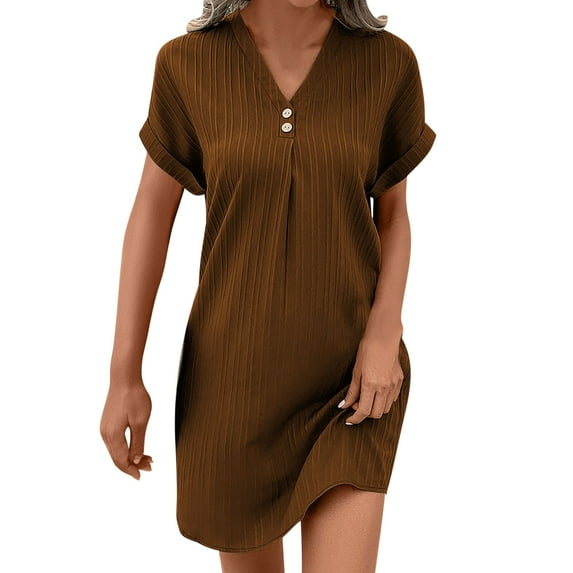 2025 Casual Summer T Shirt Dress for Women Solid Color Short Sleeve V Neck Mini Shift Dresses with Pockets