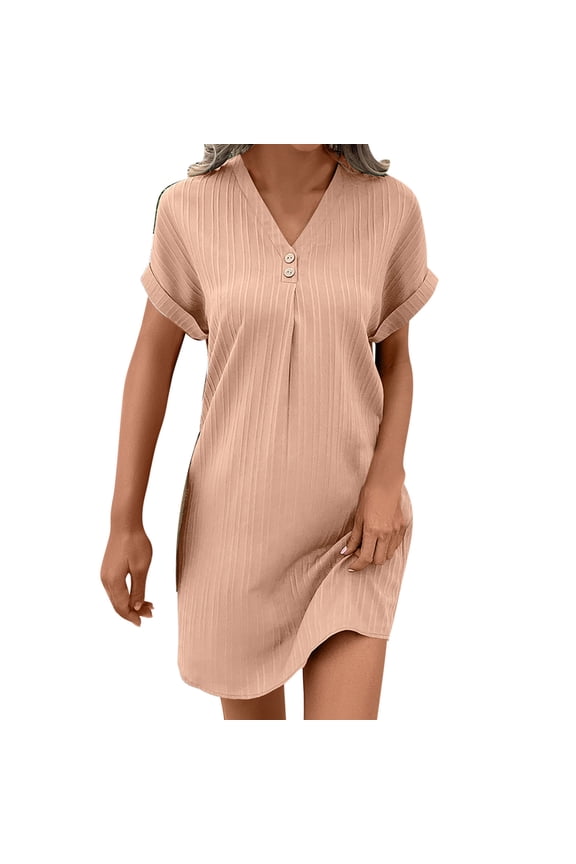 2025 Casual Summer T Shirt Dress for Women Solid Color Short Sleeve V Neck Mini Shift Dresses with Pockets