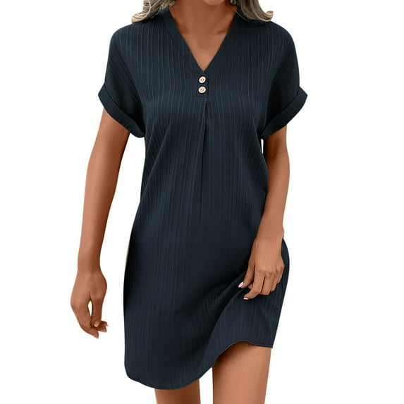 2025 Casual Summer T Shirt Dress for Women Solid Color Short Sleeve V Neck Mini Shift Dresses with Pockets