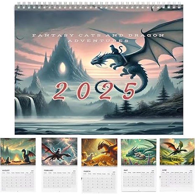 2025 Cat Dragon Rider Calendar,January 2025 December Calendar Wolves