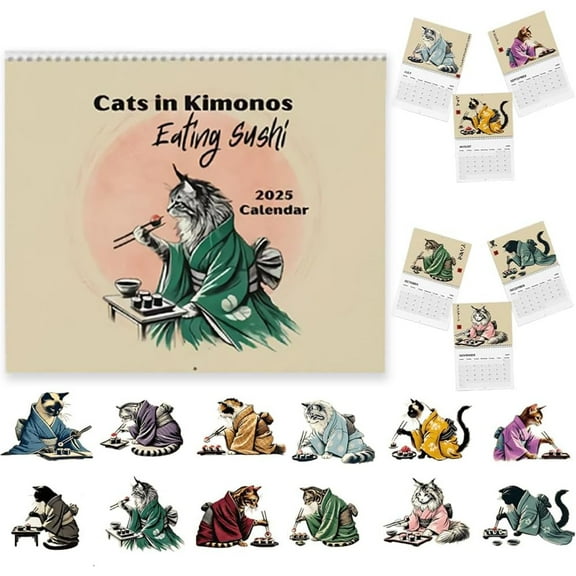 2025 "Cats in Kimonos Eating Sushi" Calendar Unique Cat Art For Cat Lovers Prints for Home or Office Decor