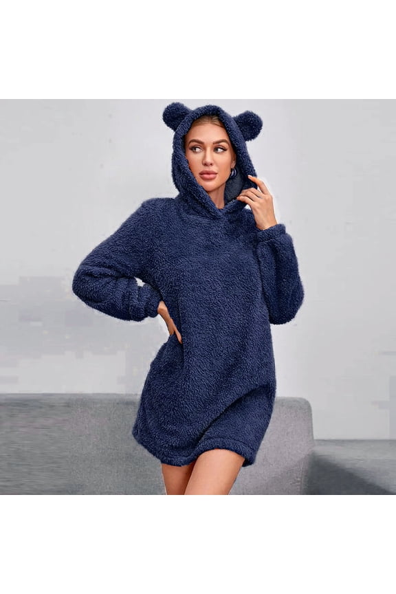 2025 Charella Women's Fuzzy Hooded Pullover Coat Soft Winter Warm Fleece Sweatshirt Navy,L