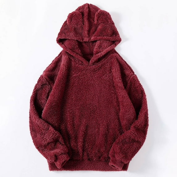 2025 Charella Women's Fuzzy Hoodies Sport Pullover Cozy Fleece Oversized Sweatshirt Wine,S