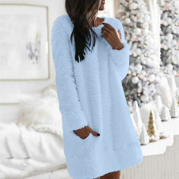2025 Charella Women's Oversize Fuzzy Pullover Sweatshirt Winter Warm Long Coat with Pockets Blue,XL